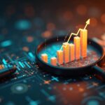 Magnifying glass highlights business growth chart with upward trend. Generative AI analysis financial success stock increase profit, investment statistic performance market economy improvement