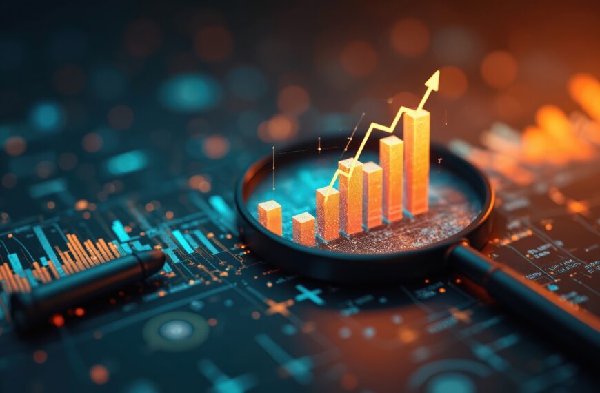 Magnifying glass highlights business growth chart with upward trend. Generative AI analysis financial success stock increase profit, investment statistic performance market economy improvement