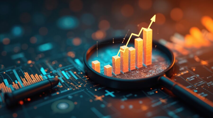 Magnifying glass highlights business growth chart with upward trend. Generative AI analysis financial success stock increase profit, investment statistic performance market economy improvement